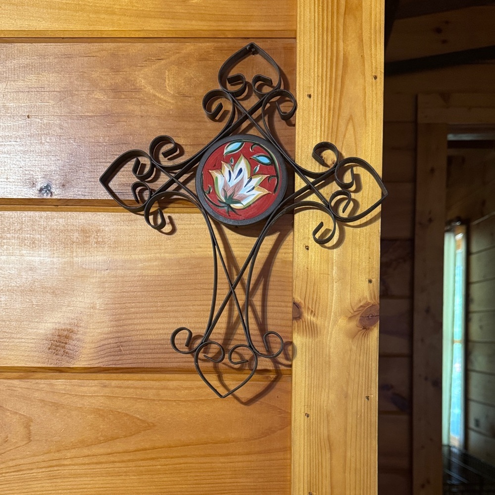 Southern Living At Home Black Metal Wall Cross with Red and White Floral Accent